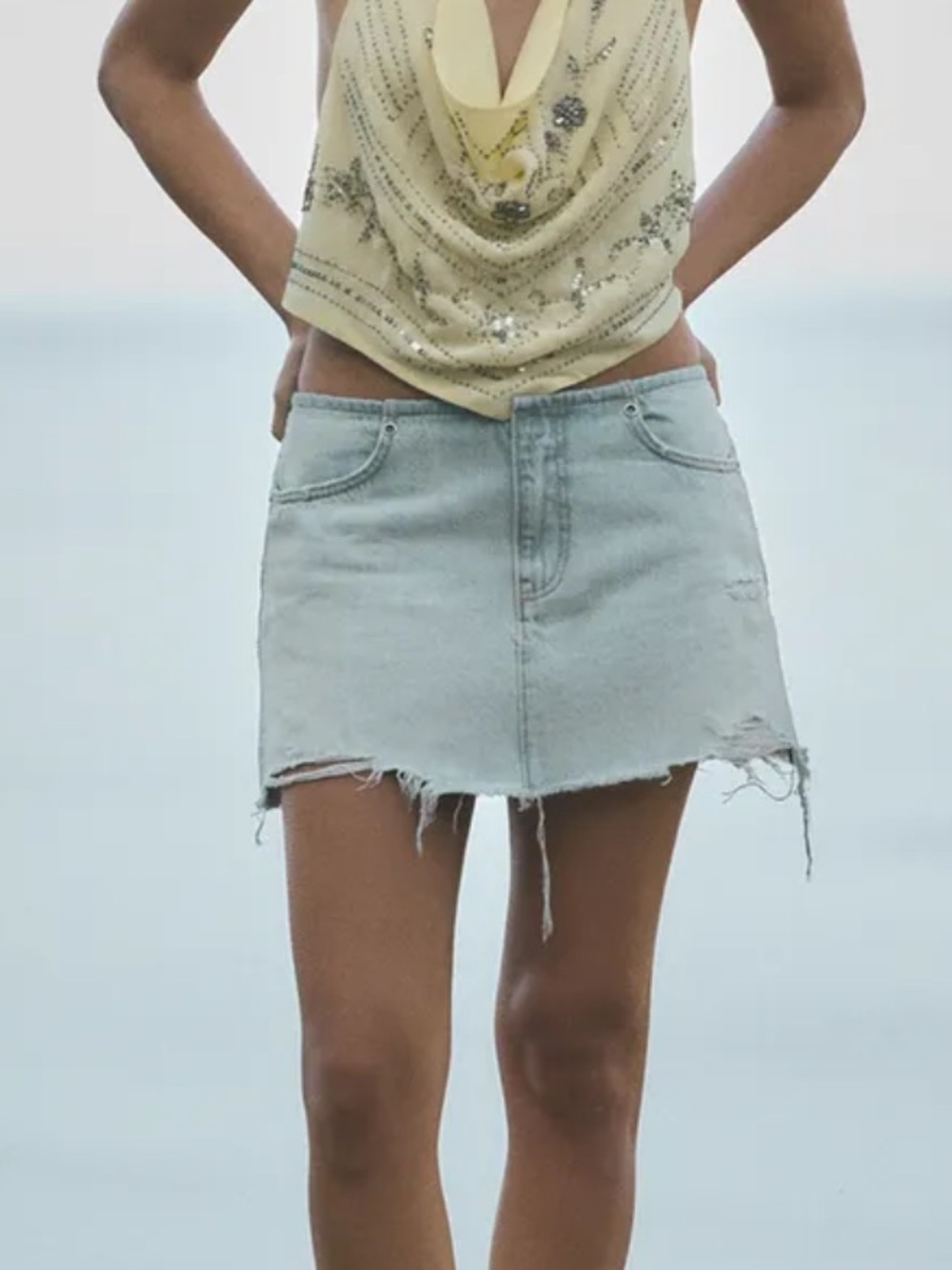 Zara Light Blue Distressed Denim Mini Skirt